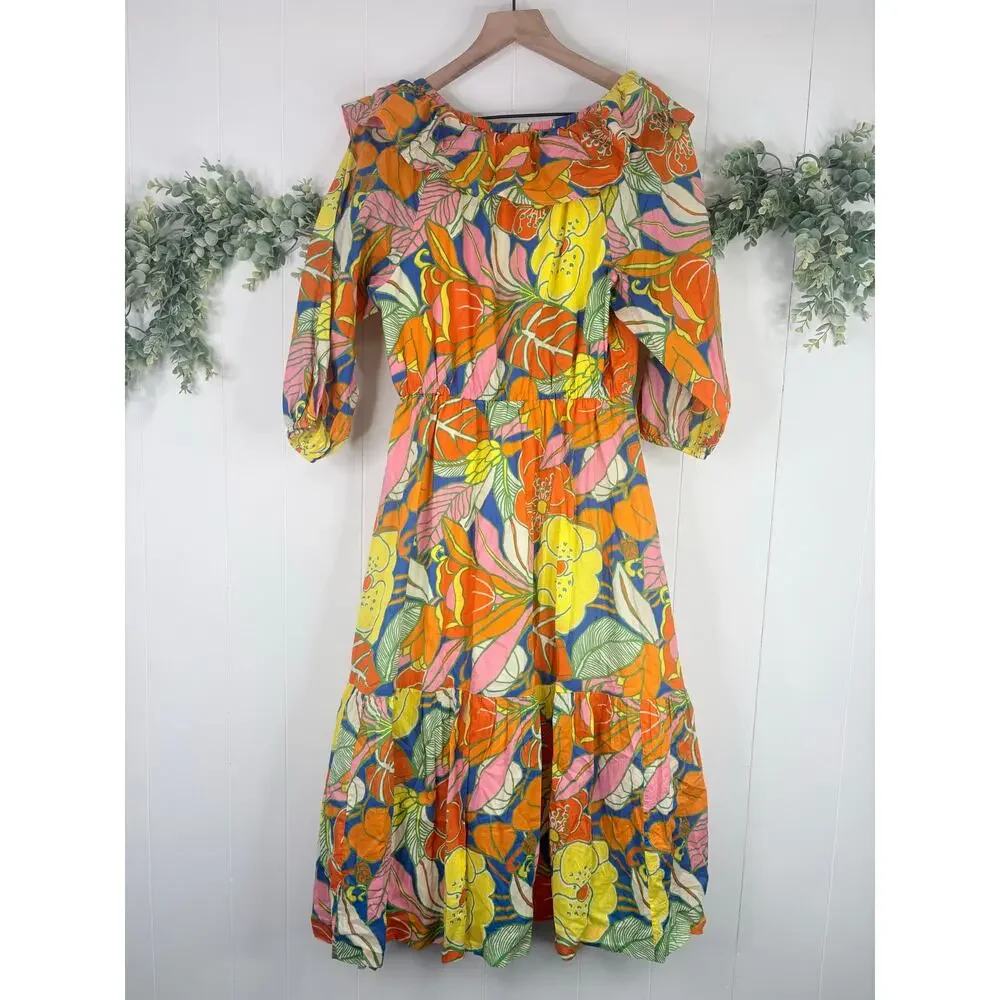 J. Crew Tropical Floral Midi Dress Small Ruffle Off Shoulder Summer Vacation